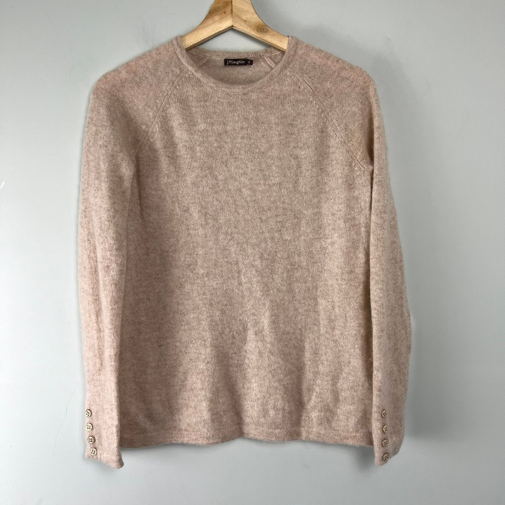 J.McLaughlin Women S Tan Knit Crewneck Sweater Button Cuffs Quiet Luxury Capsule